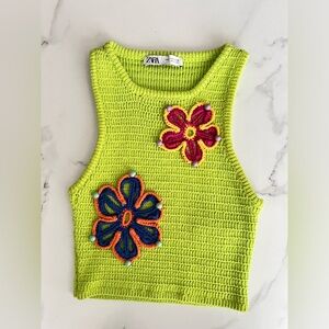 Zara Green Knit Crop Top Small Floral Crochet Detail Wooden Bead Unique